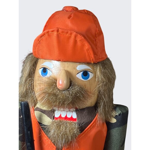 Wooden Hunter Nutcracker In Camouflage & Orange Vest Holding Accessory 14" Tall - Picture 2 of 11